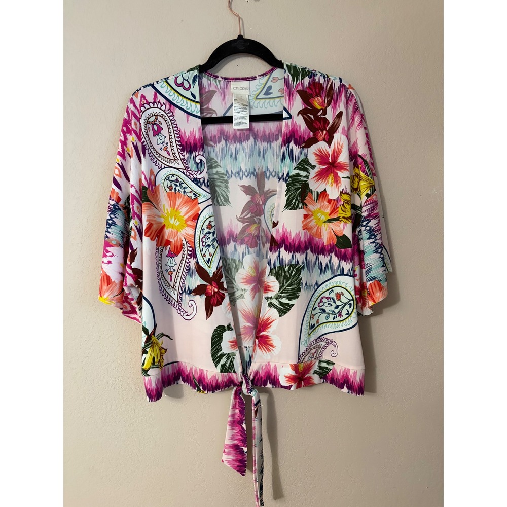 Chicos Womens Floral Paisley Tie Front Kimono Top Pink Orange Size 3 XL